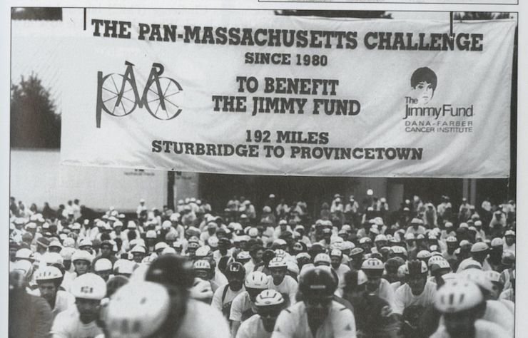 Black and white photo of an early starting point for the Pan-Mass Challenge