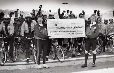A black and white photo of the 1990 Pan-Mass Challenge check presentation