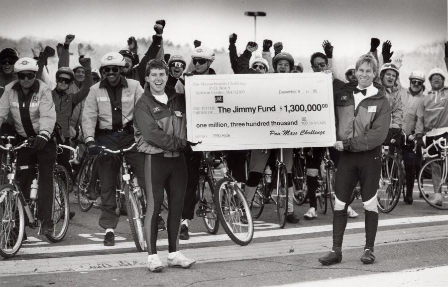 Black and white photo of the 1990 Pan-Mass Challenge check presentation