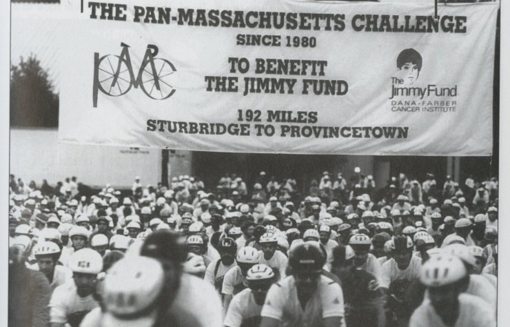 Black and white photo of an early starting point for the Pan-Mass Challenge
