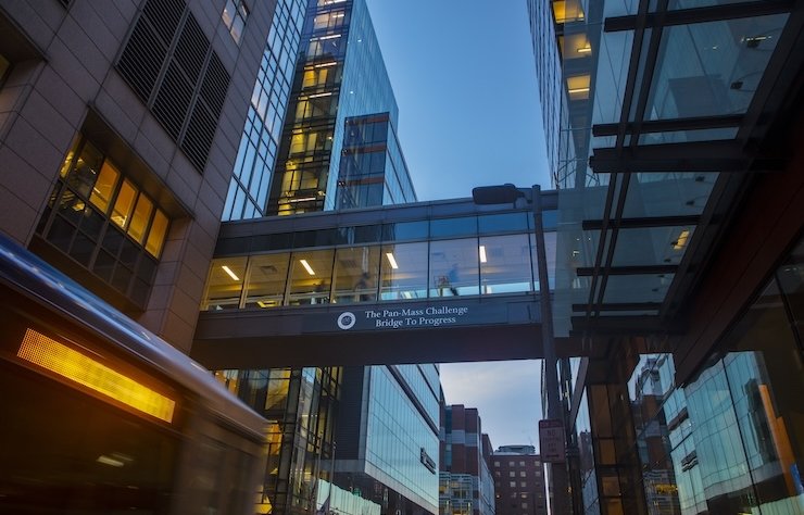 The 'Pan-Mass Challenge Bridge to Progress' connects two buildings at Dana-Farber