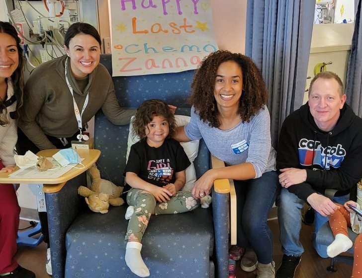 Zanna and family sit in front of a 'Happy Last Chemo, Zanna' sign in the Jimmy Fund clinic