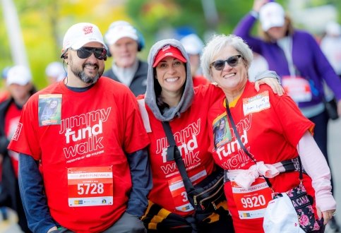 Three walkers wearing Jimmy Fund Walk T-shirts