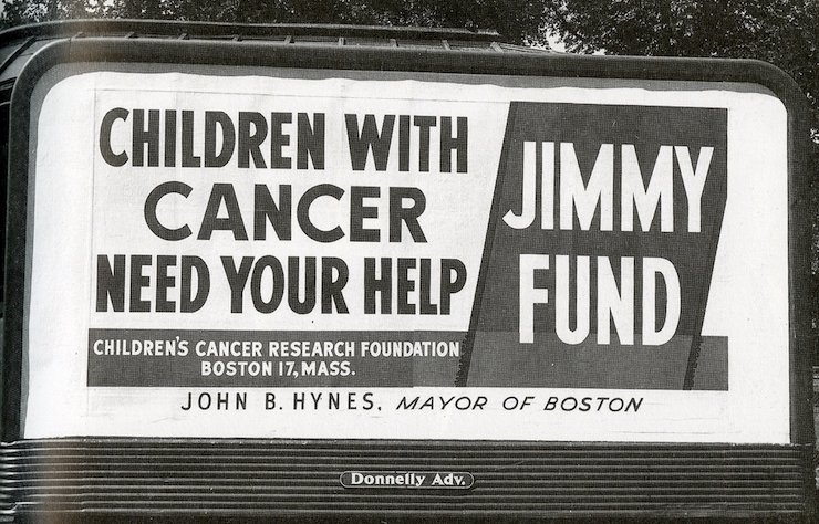Black and white photo of an early plea to give to the Jimmy Fund