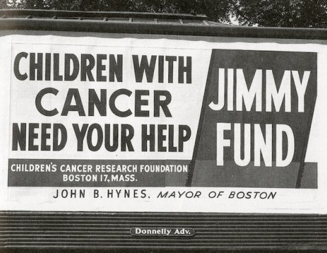A black and white photo of an early plea to give to the Jimmy Fund