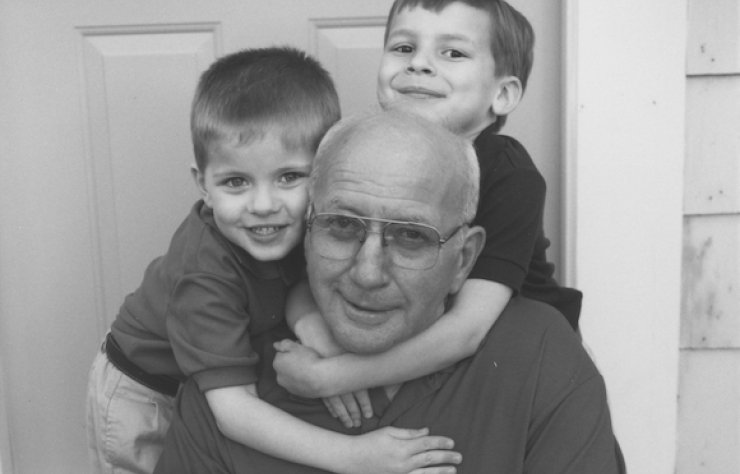 Black and white photo of the original Jimmy Einar Gustafson and his grandchildren