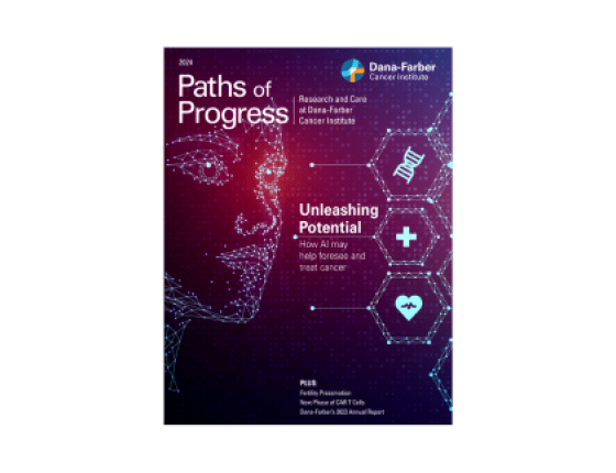 Paths of Progress publication cover with ‘Unleashing Potential’ headline and a human face made out of dots to represent AI’s involvement with cancer