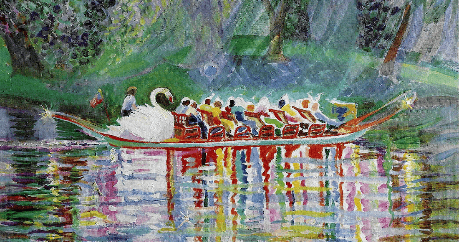 A greeting card with a design of people in a Swan Boat