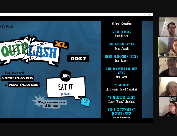 Computer screen showing an online game with 5 attendees
