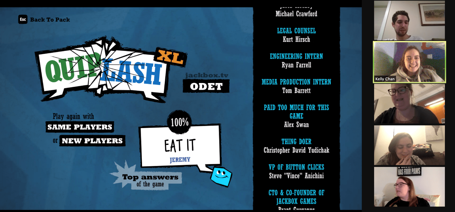 Computer screen showing an online game with 5 attendees